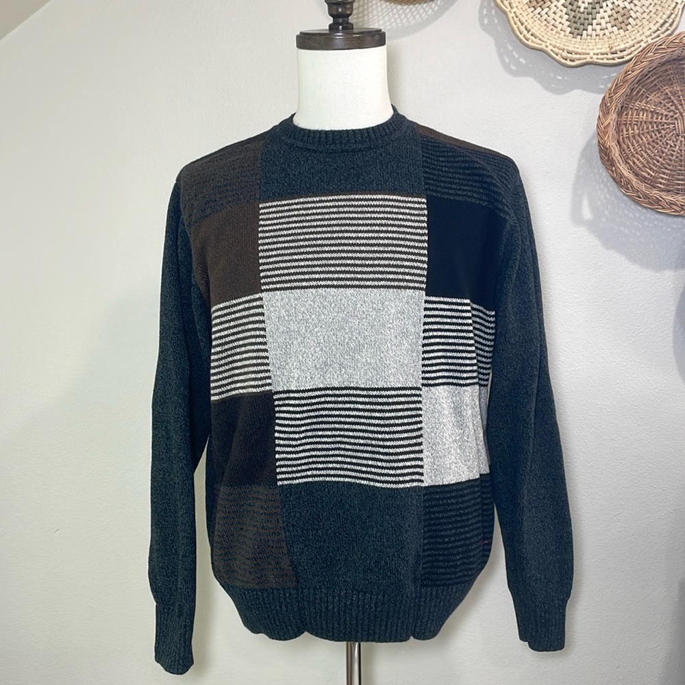Vintage 90s Unisex Mens Sweater Block Color Pullover Cotton Knit Crewneck XLarge